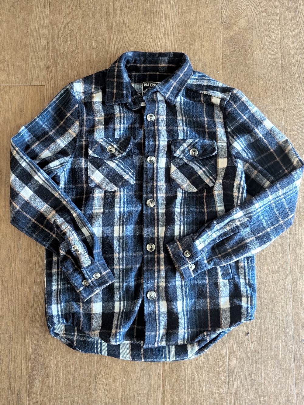 Distortion Men's Navy and Cream Plaid Casual Button-Down Shirt